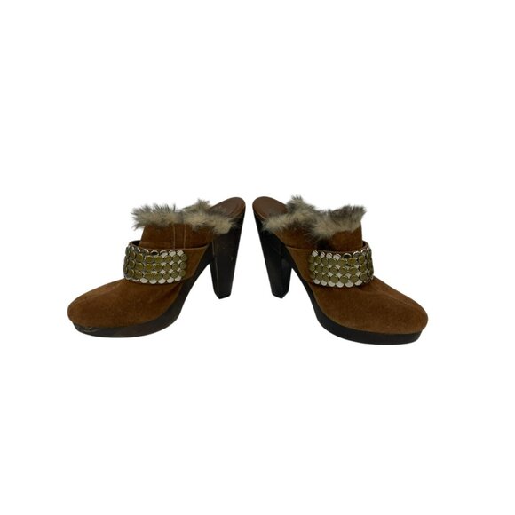 Michael Kors Women's Brown Suede Fur Trim Slip On Studded Heeled Mule Clogs 7.5M - Picture 3 of 8